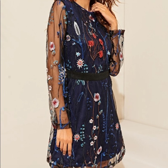 SHEIN Dresses & Skirts - Floral Embroidery Mesh Overlay Dress